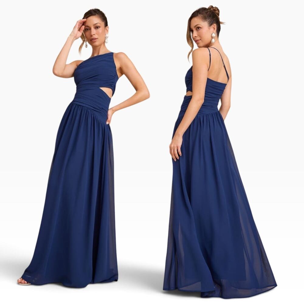 Lulus Marcela Navy Blue Ruched One-Shoulder Maxi Dress size M NWT